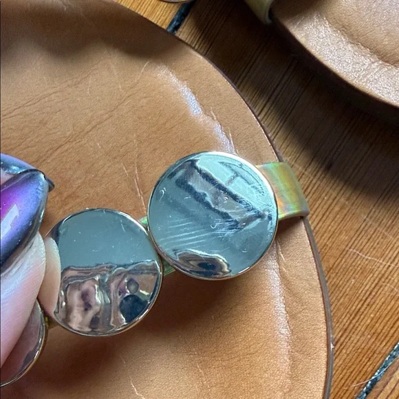 SCHUTZ Tan Leather Slides with Gold Disc Embellishments - Picture 3 of 4